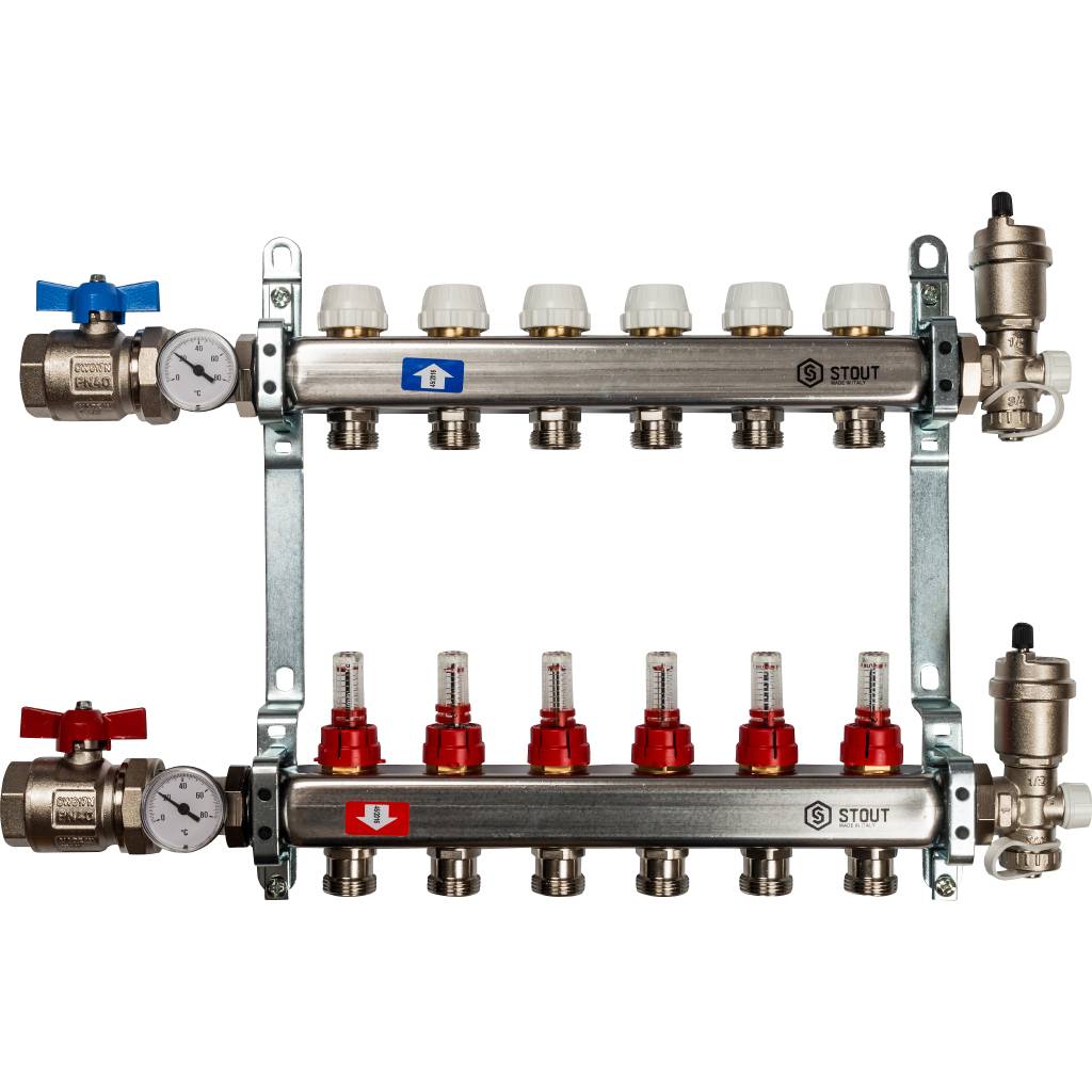 STOUT Коллектор из нержавеющей стали в сборе с расходомерами 6 вых .