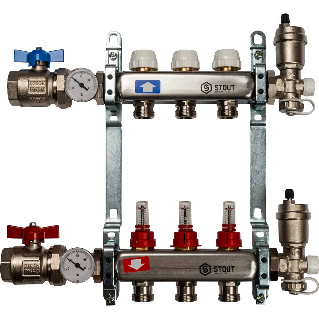 STOUT Коллектор из нержавеющей стали в сборе с расходомерами 3 вых .