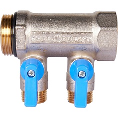 STOUT SMB 6211 011202 STOUT Коллектор с шаровыми кранами 1", 2 отвода 1/2" (синие ручки)