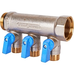 STOUT SMB 6211 011203 STOUT Коллектор с шаровыми кранами 1", 3 отвода 1/2" (синие ручки)