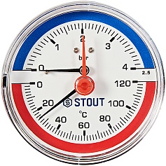 Термоманометр аксиальный STOUT в комплекте с автоматическим запорным клапаном, корпус Dn 80 мм 1/2 , 0...120°C, 0-4 бар