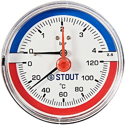 Термоманометр аксиальный STOUT в комплекте с автоматическим запорным клапаном, корпус Dn 80 мм 1/2 , 0...120°C, 0-4 бар