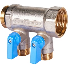 STOUT SMB 6211 011202 STOUT Коллектор с шаровыми кранами 1", 2 отвода 1/2" (синие ручки)