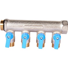 STOUT SMB 6211 341204 STOUT Коллектор с шаровыми кранами 3/4", 4 отвода 1/2" (синие ручки)