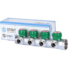 STOUT  SMB-6849-011204 STOUT Коллектор регулирующий 1", 4 отвода 1/2" плоское уплотнение