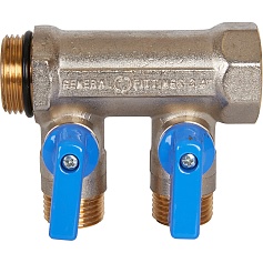 STOUT SMB 6211 341202 STOUT Коллектор с шаровыми кранами 3/4", 2 отвода 1/2" (синие ручки)