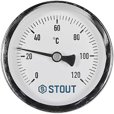 Термометр биметаллический осевой STOUT с погружной гильзой, корпус Dn 63 мм, гильза 100 мм 1/2 , 0...120°С