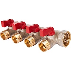 STOUT SMB 6210 341204 STOUT Коллектор с шаровыми кранами 3/4", 4 отвода 1/2" (красные ручки)
