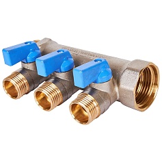 STOUT SMB 6211 011203 STOUT Коллектор с шаровыми кранами 1", 3 отвода 1/2" (синие ручки)