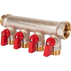 STOUT SMB 6210 341204 STOUT Коллектор с шаровыми кранами 3/4", 4 отвода 1/2" (красные ручки)