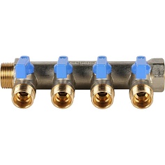 STOUT  Коллектор с шаровыми кранами 3/4", 4 отвода 1/2" (синие ручки)