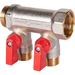 STOUT SMB 6210 341202 STOUT Коллектор с шаровыми кранами 3/4", 2 отвода 1/2" (красные ручки)