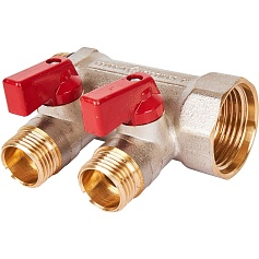 STOUT SMB 6210 011202 STOUT Коллектор с шаровыми кранами 1", 2 отвода 1/2" (красные ручки)