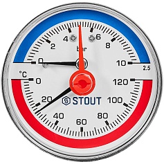 Термоманометр аксиальный STOUT в комплекте с автоматическим запорным клапаном, корпус Dn 63 мм 1/2 , 0...120°C, 0-10 бар