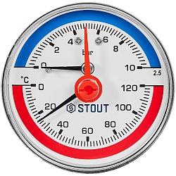Термоманометр аксиальный STOUT в комплекте с автоматическим запорным клапаном, корпус Dn 63 мм 1/2 , 0...120°C, 0-10 бар