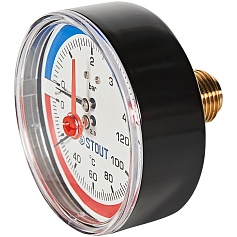 Термоманометр аксиальный STOUT в комплекте с автоматическим запорным клапаном, корпус Dn 80 мм 1/2 , 0...120°C, 0-4 бар