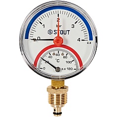 Термоманометр радиальный STOUT в комплекте с автоматическим запорным клапаном, корпус Dn 80 мм 1/2 , 0...120°C, 0-4 бар