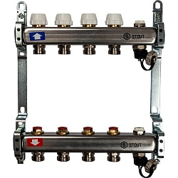 Коллектор из нержавеющей стали без расходомеров, с клапаном вып. воздуха и сливом STOUT 4 выхода