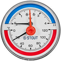 Термоманометр аксиальный STOUT в комплекте с автоматическим запорным клапаном, корпус Dn 63 мм 1/2 , 0...120°C, 0-4 бар