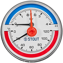 Термоманометр аксиальный STOUT в комплекте с автоматическим запорным клапаном, корпус Dn 63 мм 1/2 , 0...120°C, 0-4 бар