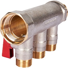STOUT SMB 6210 011203 STOUT Коллектор с шаровыми кранами 1", 3 отвода 1/2" (красные ручки)