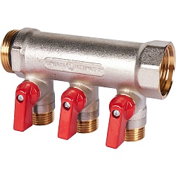 STOUT SMB 6210 011203 STOUT Коллектор с шаровыми кранами 1", 3 отвода 1/2" (красные ручки)